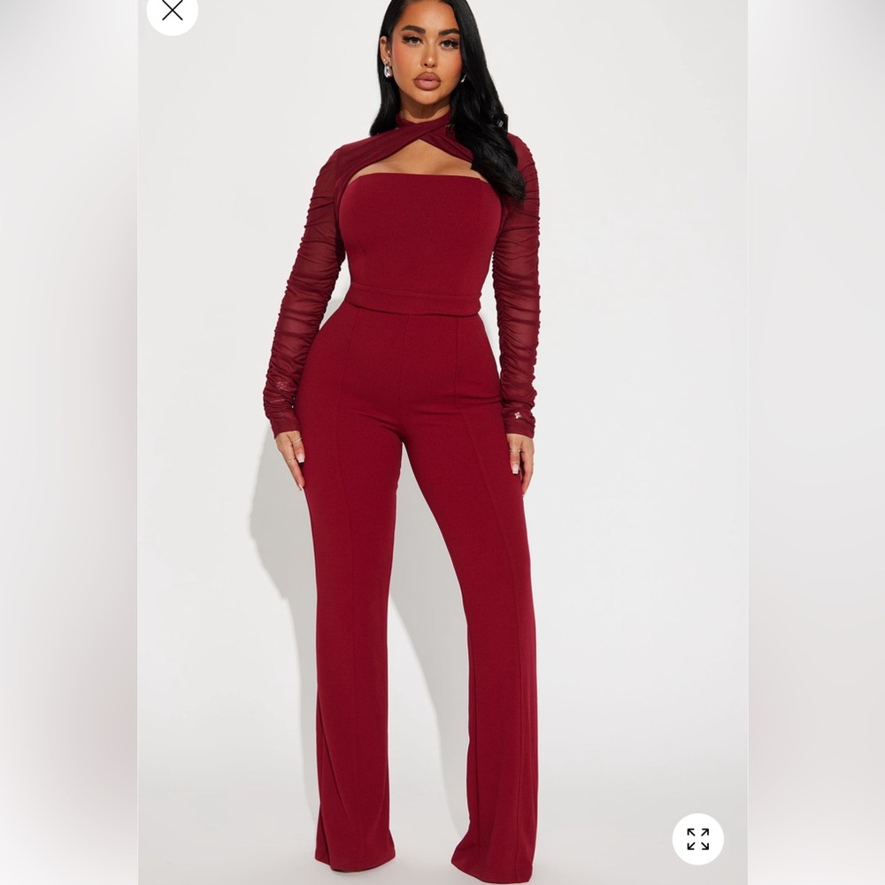 Burgundy Cutout Long-Sleeve Jumpsuit